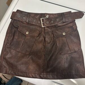 Brown Faux Leather Mini Skirt with Belt